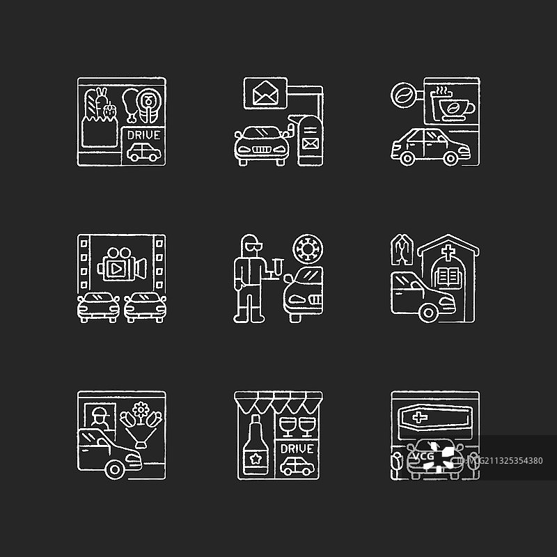 在黑色背景上用白色粉笔绘制的免下车服务图标图片素材