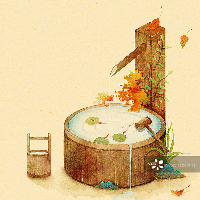 手绘水彩庭院流水景观图片素材