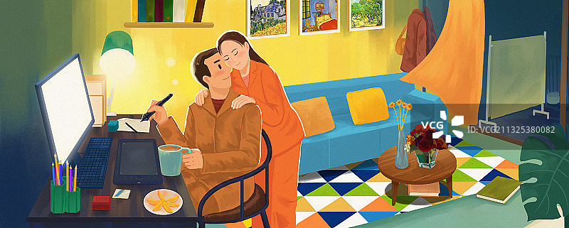 温馨家庭在家情侣爱情插图夫妻浪漫生活插画图片素材