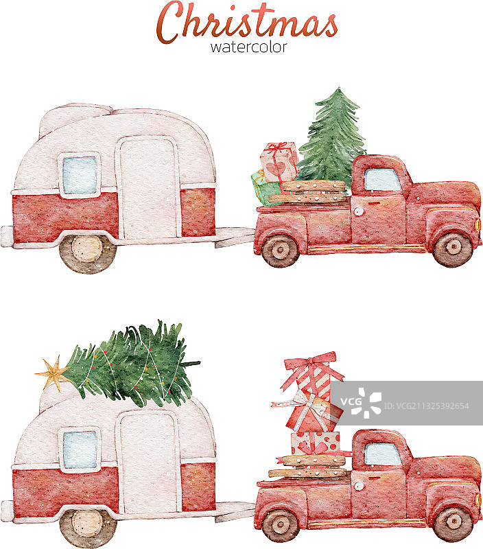圣诞可爱汽车水彩手绘图片素材
