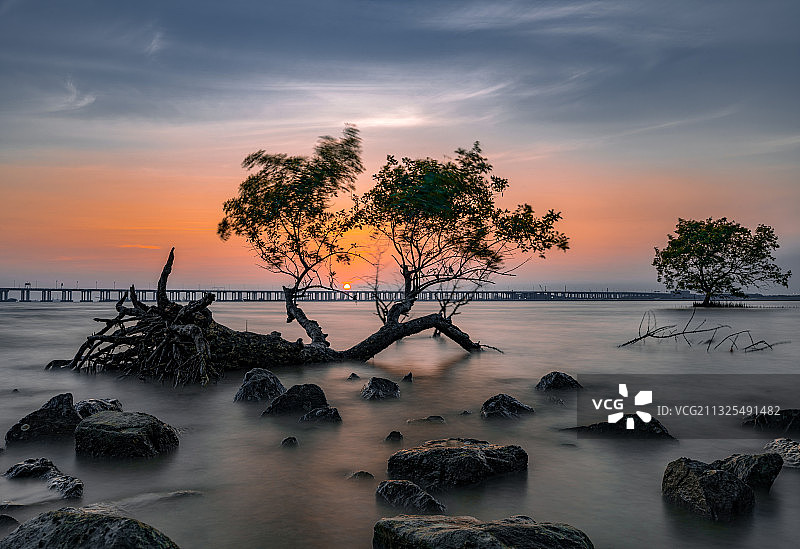 深圳西湾红树林长曝光晚霞图片素材