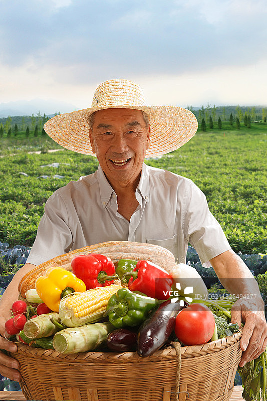 农民在田头拿着一筐蔬菜图片素材