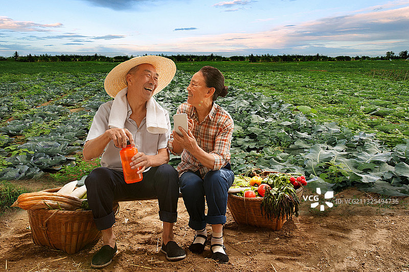 农民夫妇坐在田头看手机图片素材