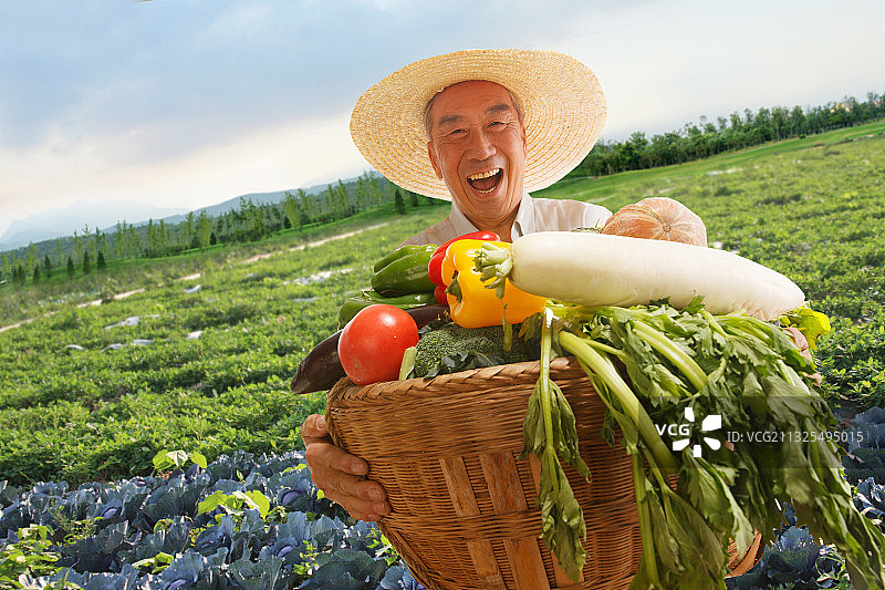 兴奋的农民拿着一筐蔬菜图片素材