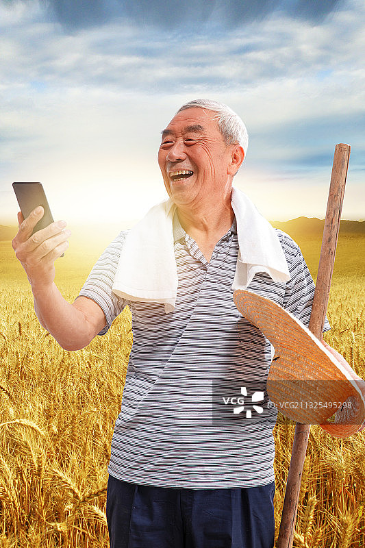 站在麦田里的农民看手机图片素材