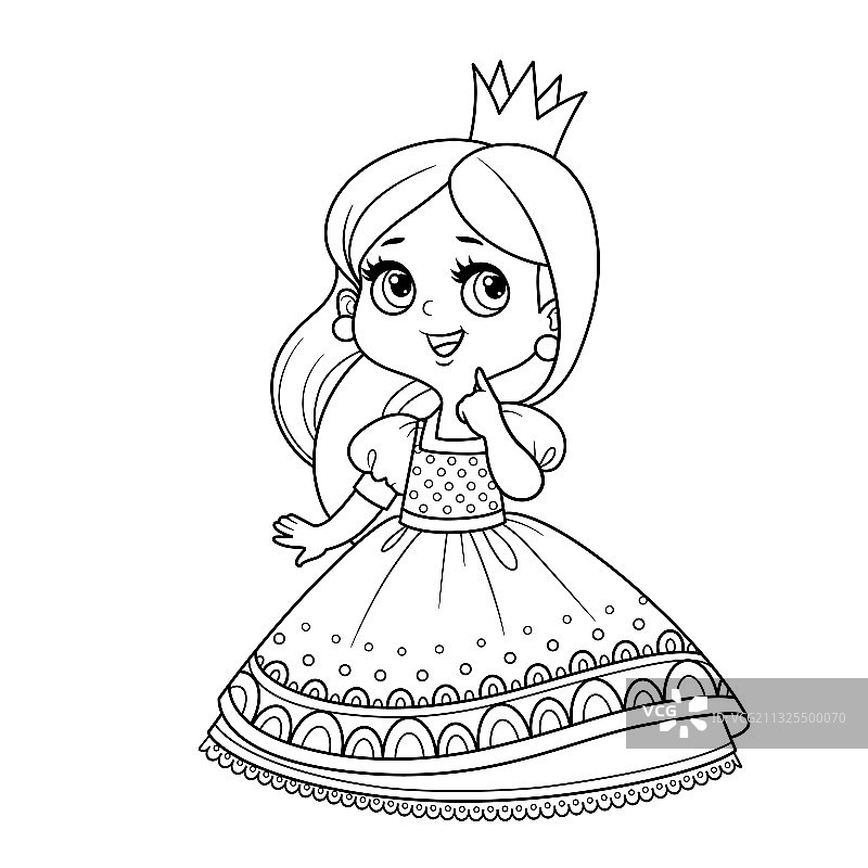 穿着华丽连衣裙的可爱沉思公主轮廓图片素材