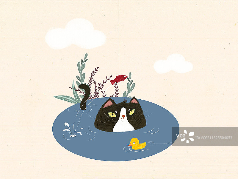 花猫池塘捕鱼儿童插画图片素材