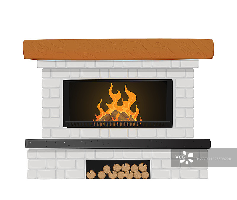 经典白色砖砌壁炉与燃烧的火焰图片素材
