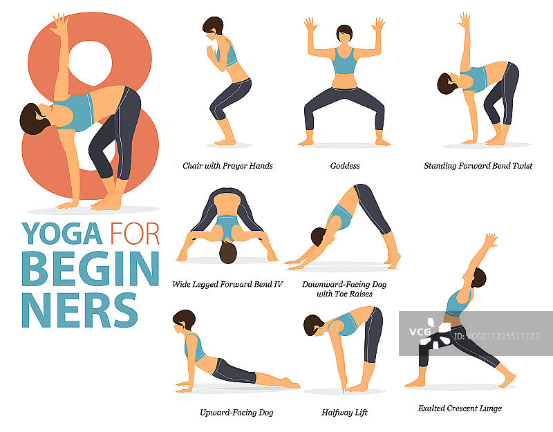 8个适合初学者的瑜伽姿势信息图图片素材