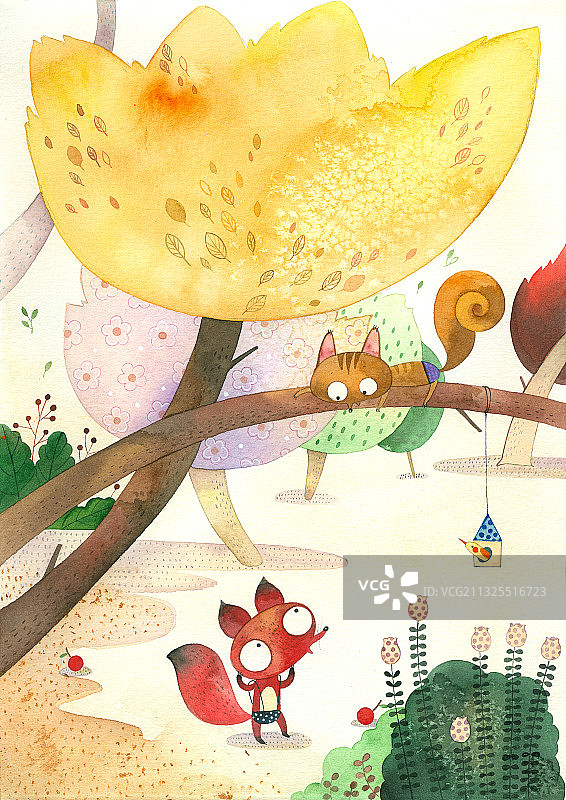 花朵下的小狐狸图片素材