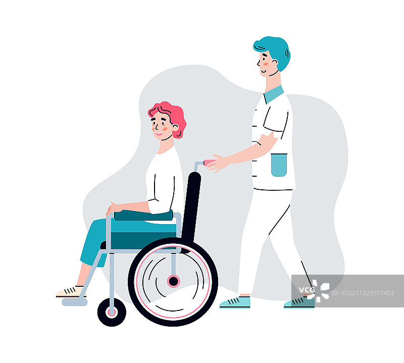 护士推着坐轮椅的残疾妇女扁平插画图片素材