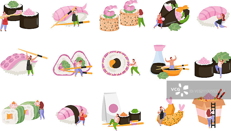 寿司扁平风格重新着色图标集图片素材