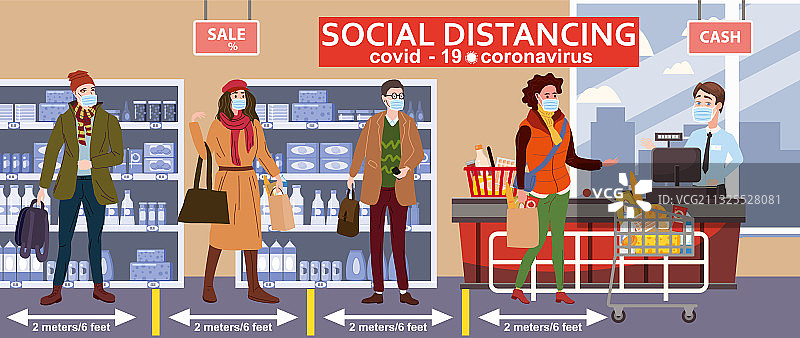 保持社交距离的超市收银台图片素材