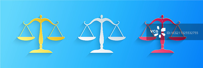 蓝色背景上的剪纸风格正义天平图标图片素材