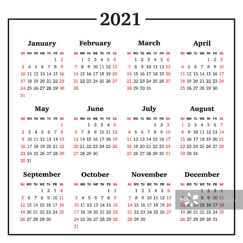 2021年日历（周日为每周第一天）图片素材