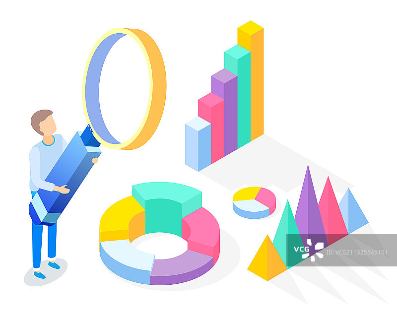 男人用放大镜观察饼图和条形图图片素材