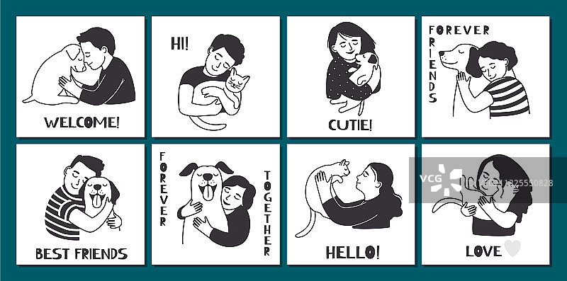 人们拥抱宠物的可爱卡片图片素材