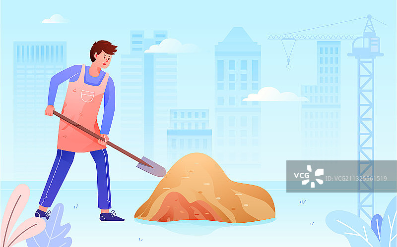 五一劳动节工人拿着铁锹铲沙子矢量插画素材图片素材