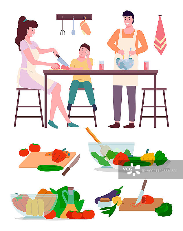 快乐家庭：妈妈、爸爸和儿子在厨房做饭图片素材