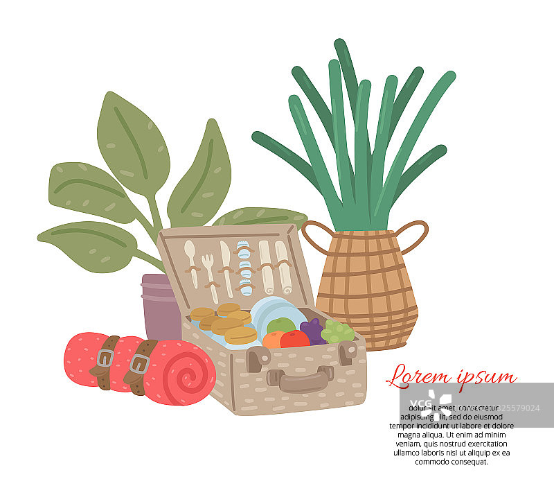 装有食物和饮料的野餐篮邀请卡图片素材