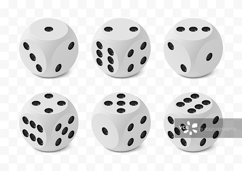 六个逼真2.5D游戏骰子图片素材