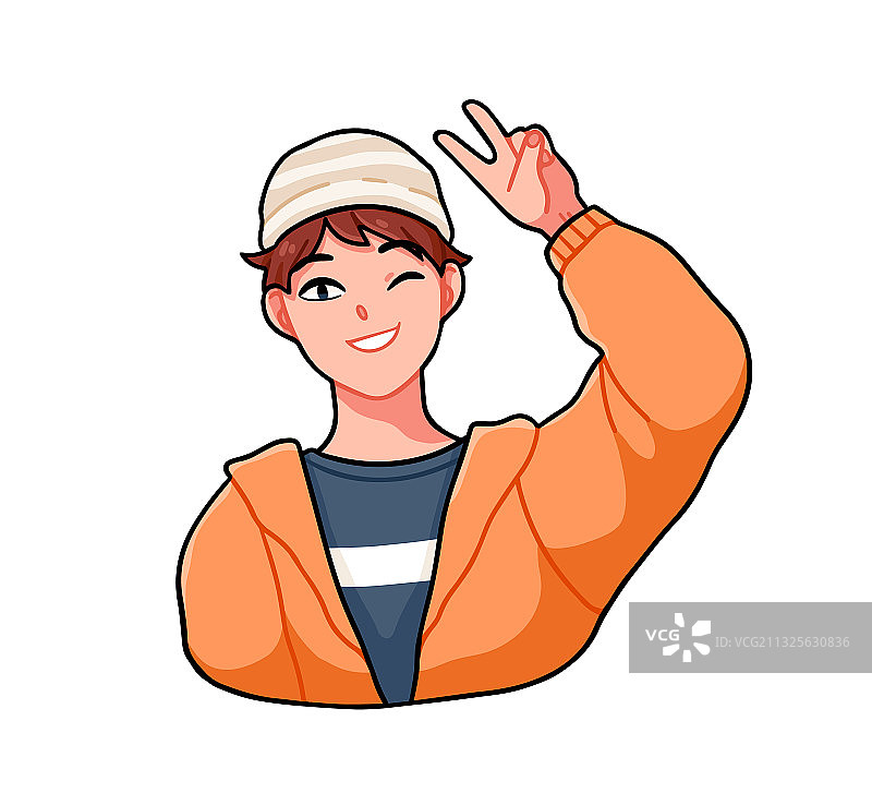 快乐的动漫男孩眨眼并做出V字手势，非常开心图片素材