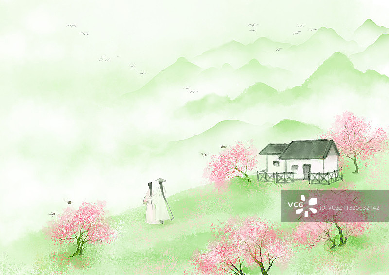 国风意境山水插画山中桃林茅屋图片素材