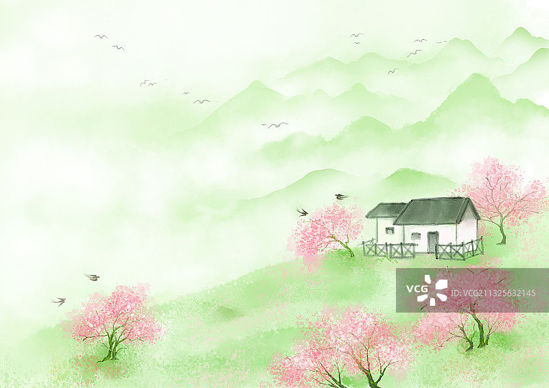国风意境山水插画山中桃林茅屋图片素材