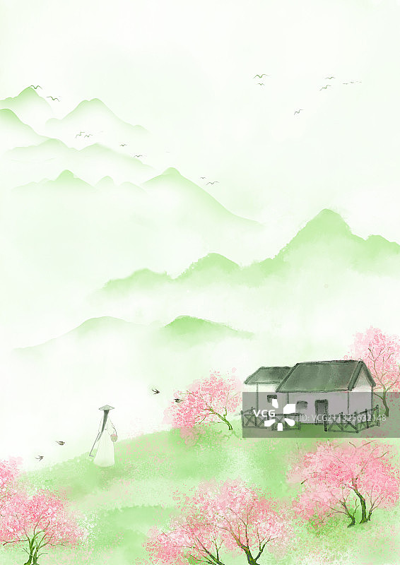 国风意境山水插画山中桃林茅屋图片素材