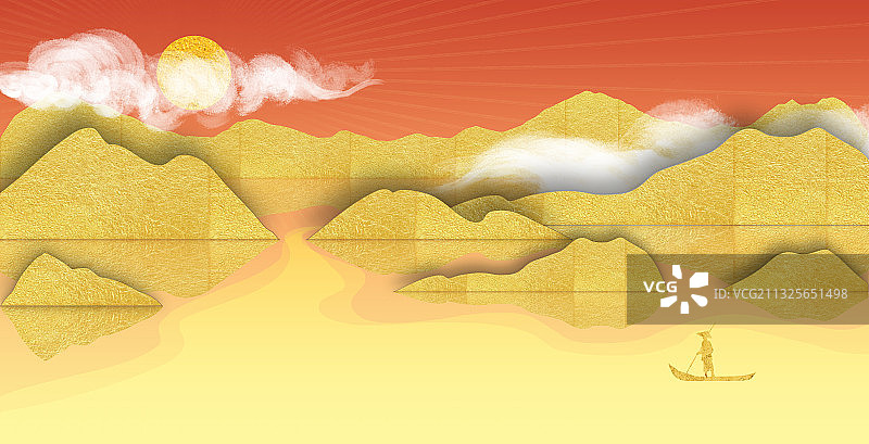 金碧辉煌山川剪纸风图片素材