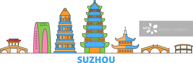 中国苏州城市轮廓扁平旅游图片素材