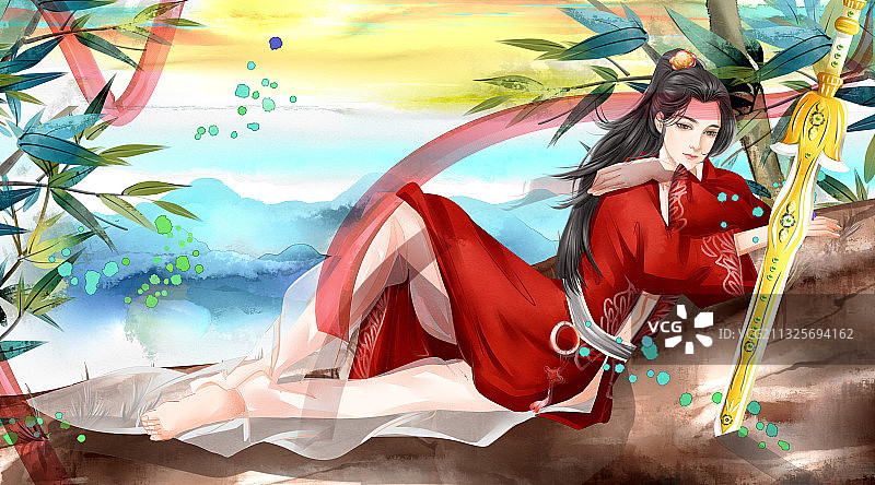 中国风武侠公子在大自然卧着插画图片素材