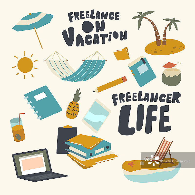 度假主题吊床自由职业者图标集图片素材