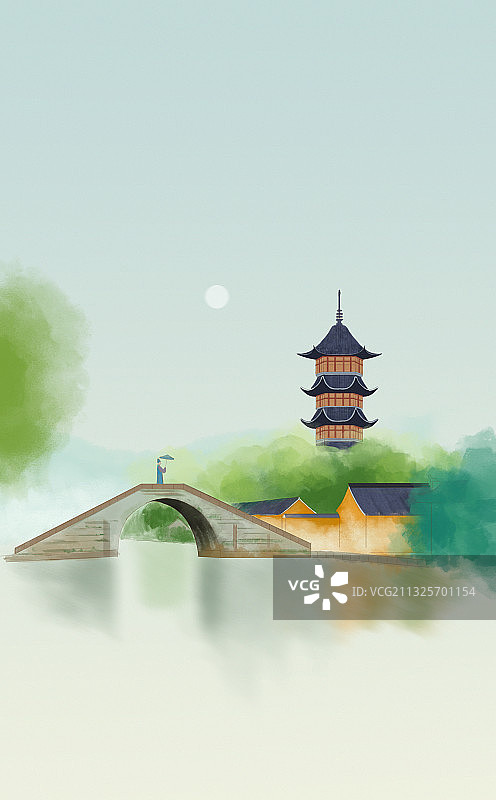 中国风江南水乡国风风景插画图片素材
