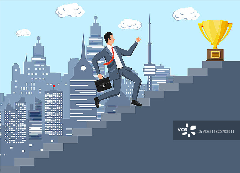商人和梯子上的金色奖杯，象征成功图片素材