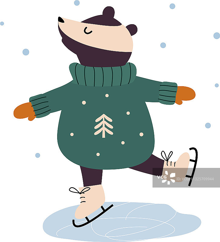 在溜冰场上滑冰的可爱獾圣诞动物卡通图片素材