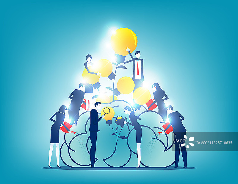 女商人团队为大脑袋浇水图片素材