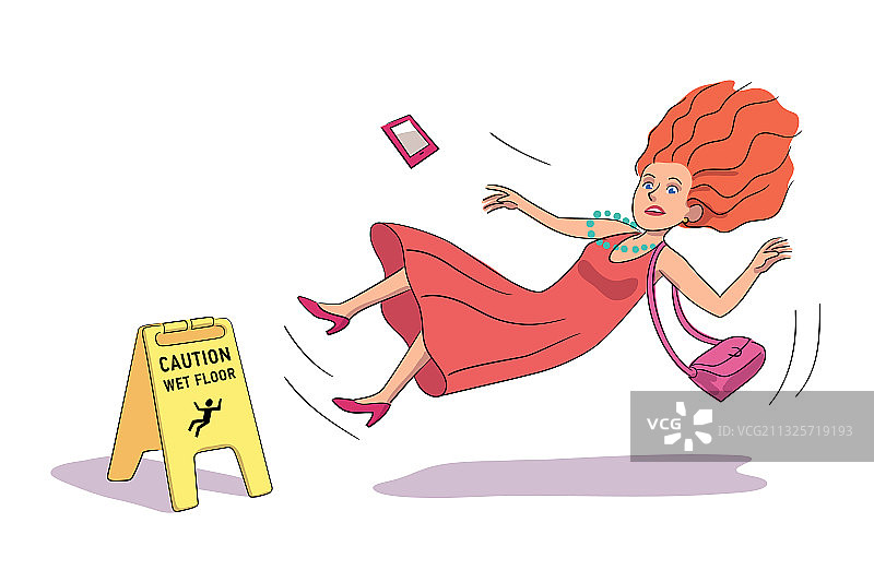 在湿滑警示牌附近摔倒的惊恐女人图片素材