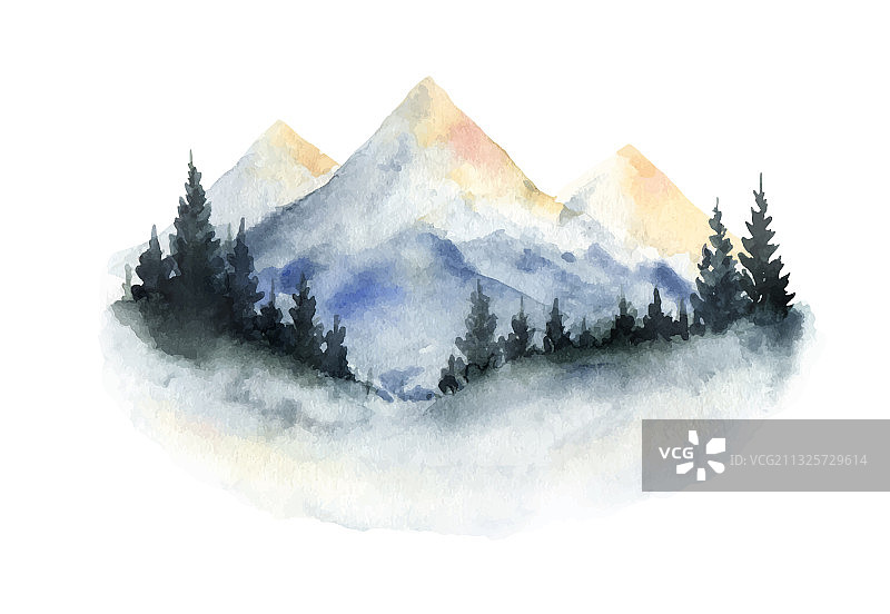 水彩冬季山脉风景图片素材