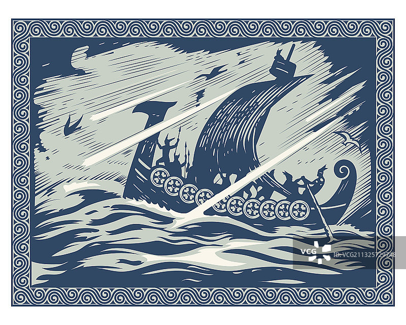 维京设计航行在暴风雨的海上图片素材