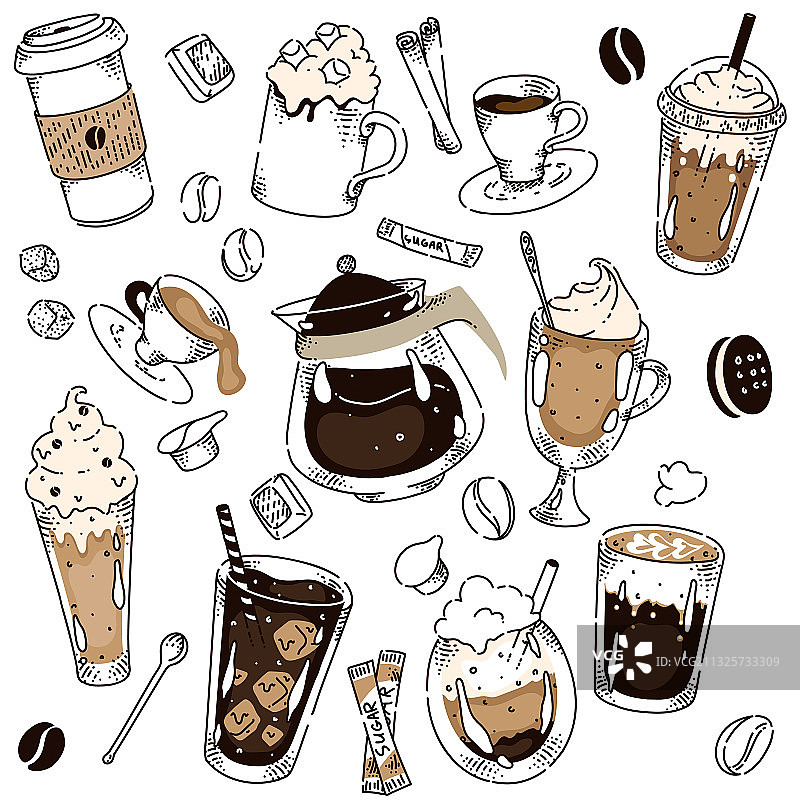手绘咖啡种类布局图片素材
