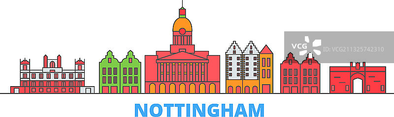 英国诺丁汉城市轮廓扁平设计图片素材