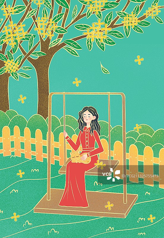 寒露，国潮风，桂花，节气，花园，秋千，秋分，立秋，插画，图片素材