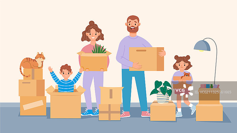 快乐搬家家庭卡通父母和孩子搬家图片素材