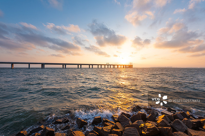 胶州湾跨海大桥日落图片素材