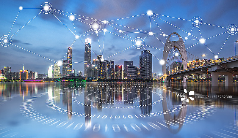 广州城市风光和5G智慧城市大数据互联概念图片素材