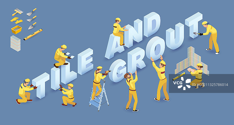 工人们安装2.5D字母瓷砖图片素材