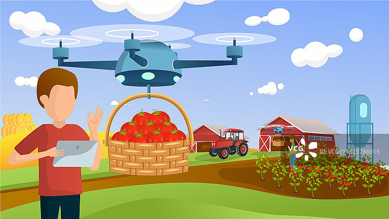 男子在智慧农场用平板电脑控制无人机图片素材