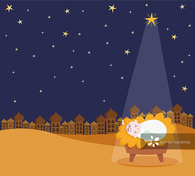 耶稣诞生马槽、耶稣之星和光芒卡通图片素材