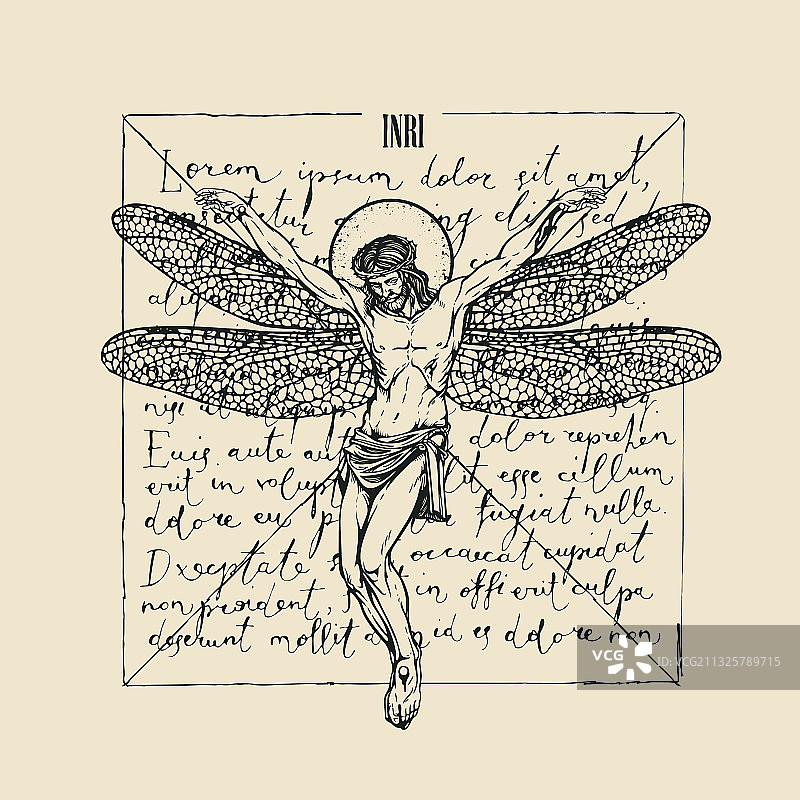 长着蜻蜓翅膀的耶稣基督的十字架酷刑图片素材